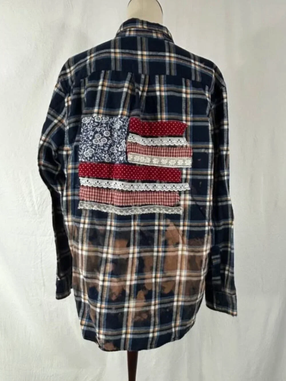 Patriotic Flannel Women’s Button up shirt 4th of July Upcycled American Flag - Picture 3 of 6